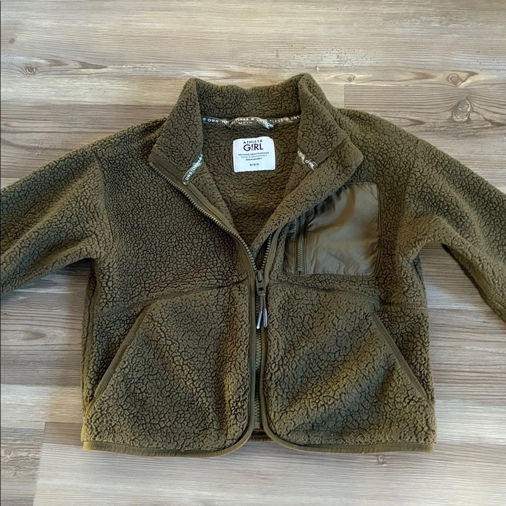 Athleta Girl So Toasty Sherpa Jacket Olive green Girls M (8-10) Full zip Cozy